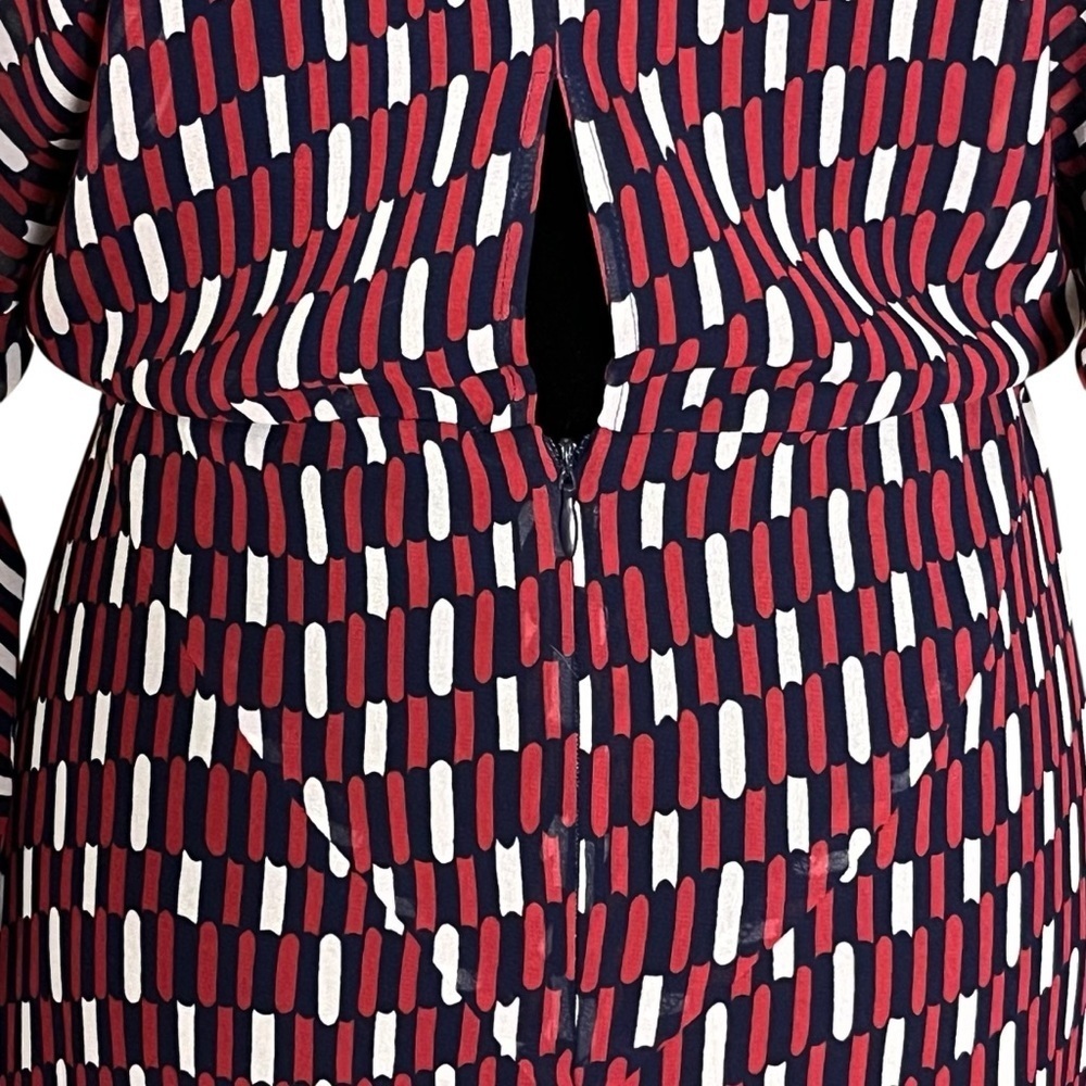 Maje Blue White Red Print Sheer Faux Wrap Raglan Sleeve Dress — 2 (Medium) - Picture 7 of 16